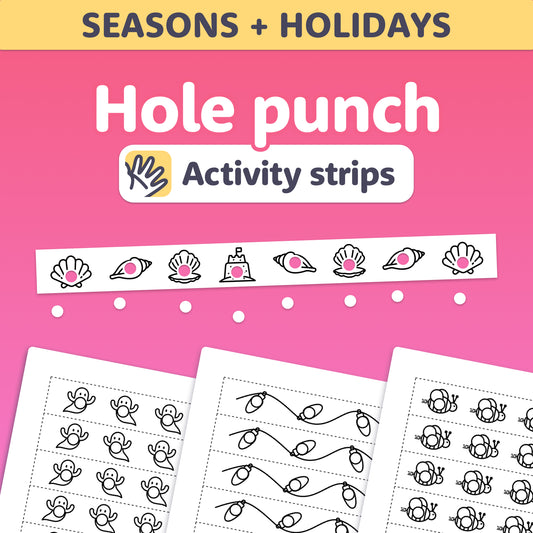Printable strips showing seashell and ocean motifs with hole punch guides.