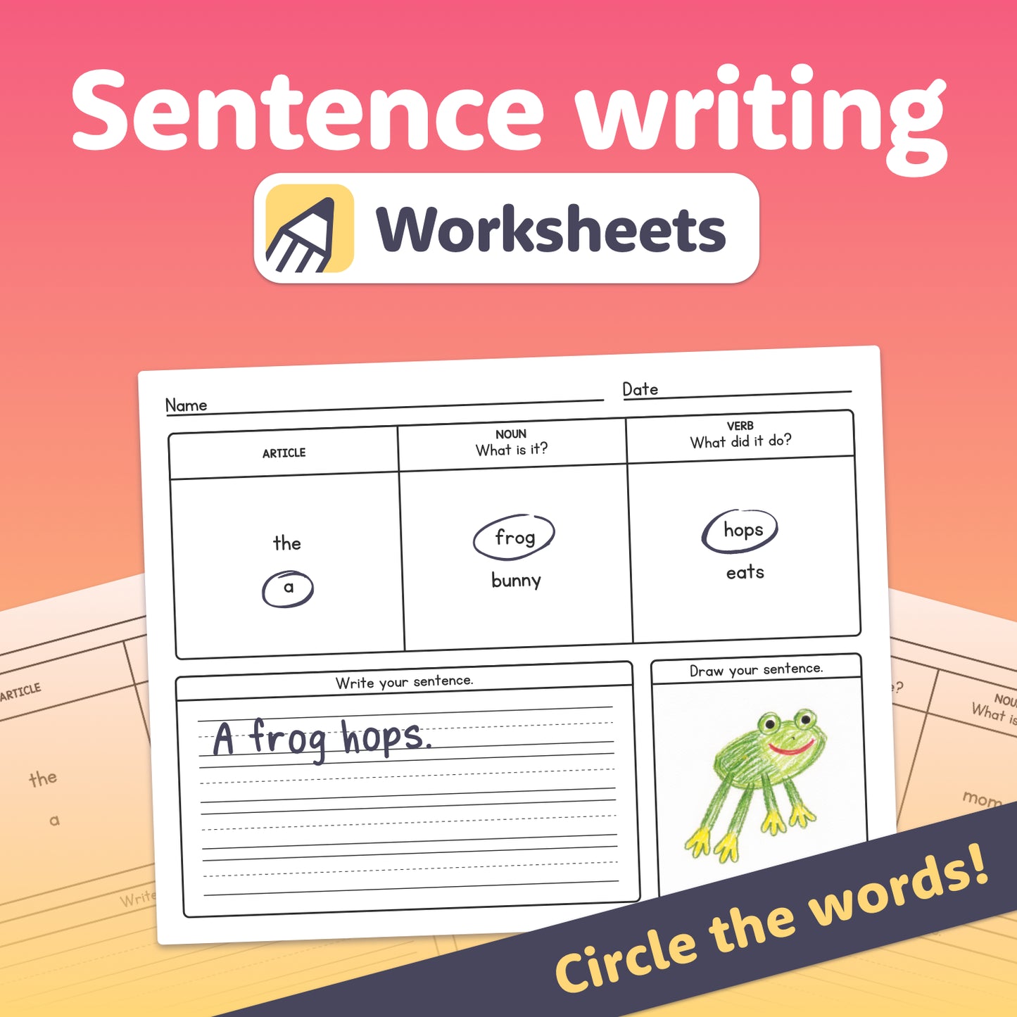 Worksheets with word boxes and a drawing of a frog.