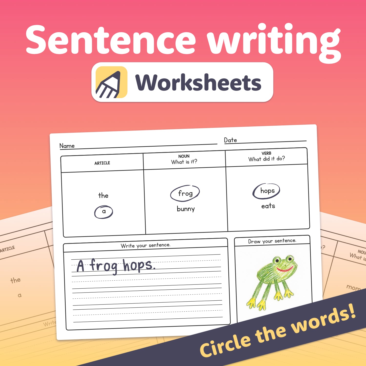 Worksheets with word boxes and a drawing of a frog.
