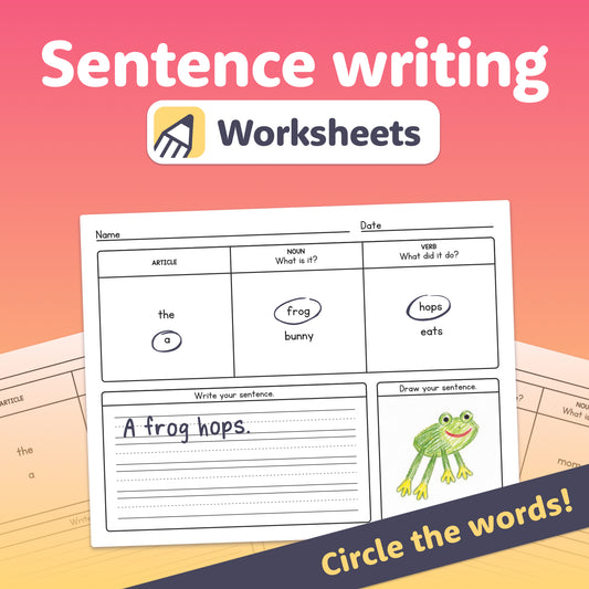 Worksheets with word boxes and a drawing of a frog.