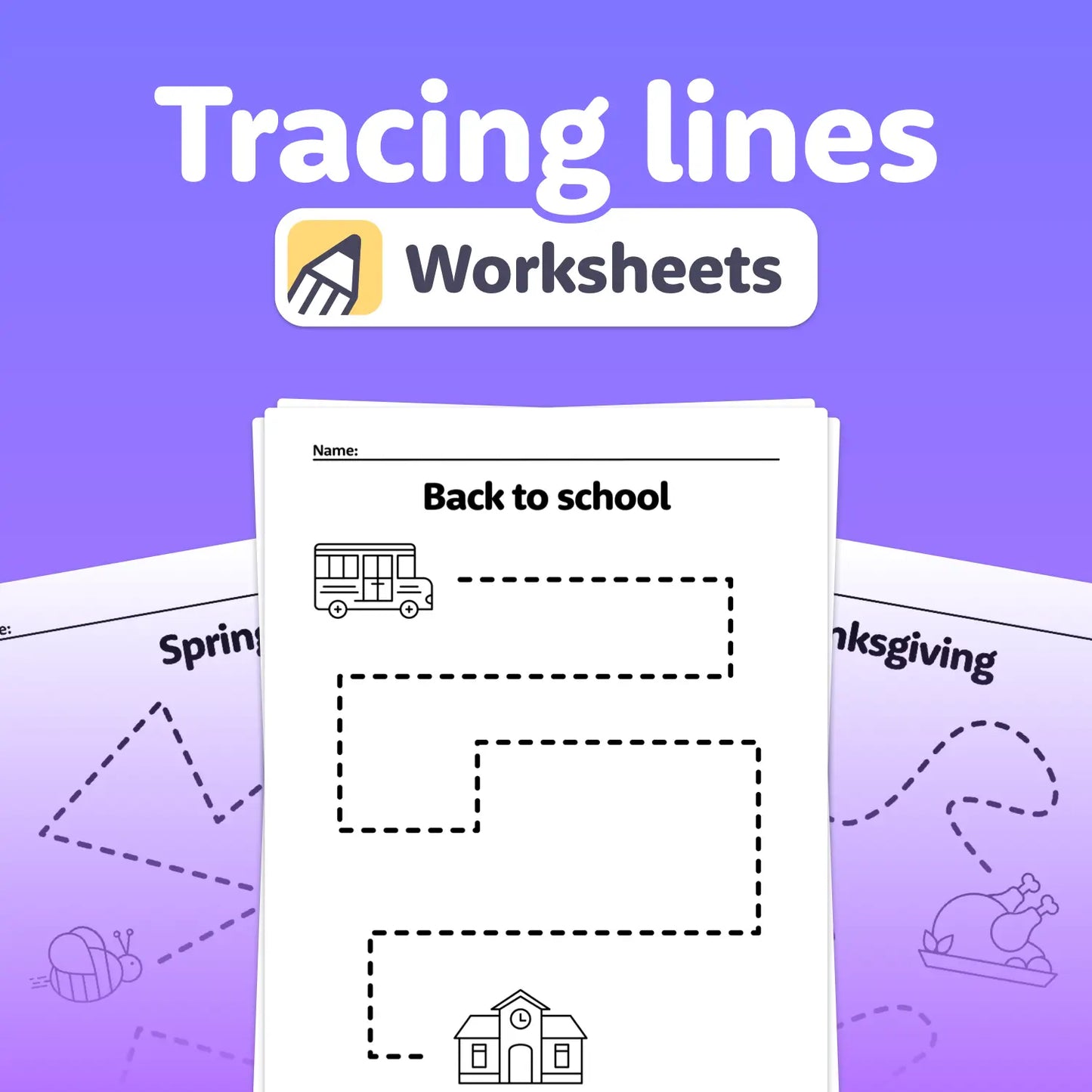 A stack of worksheets with tracing lines and "Back to school" on the top page.
