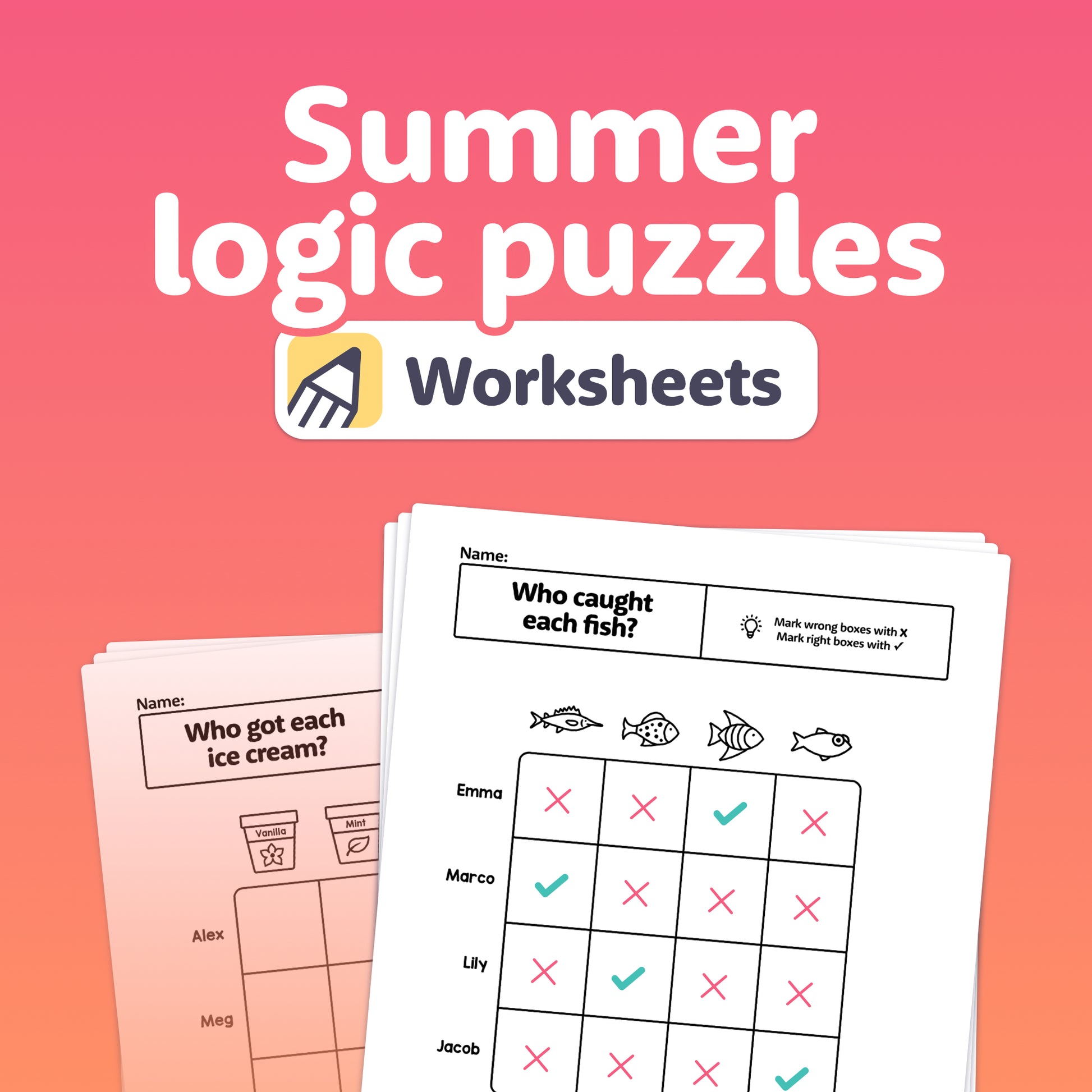 Printable worksheets with logic puzzles and summer-themed images or icons.
