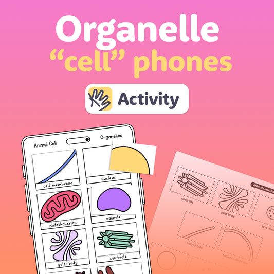 Organelle icons and a cut-and-paste worksheet are shown.