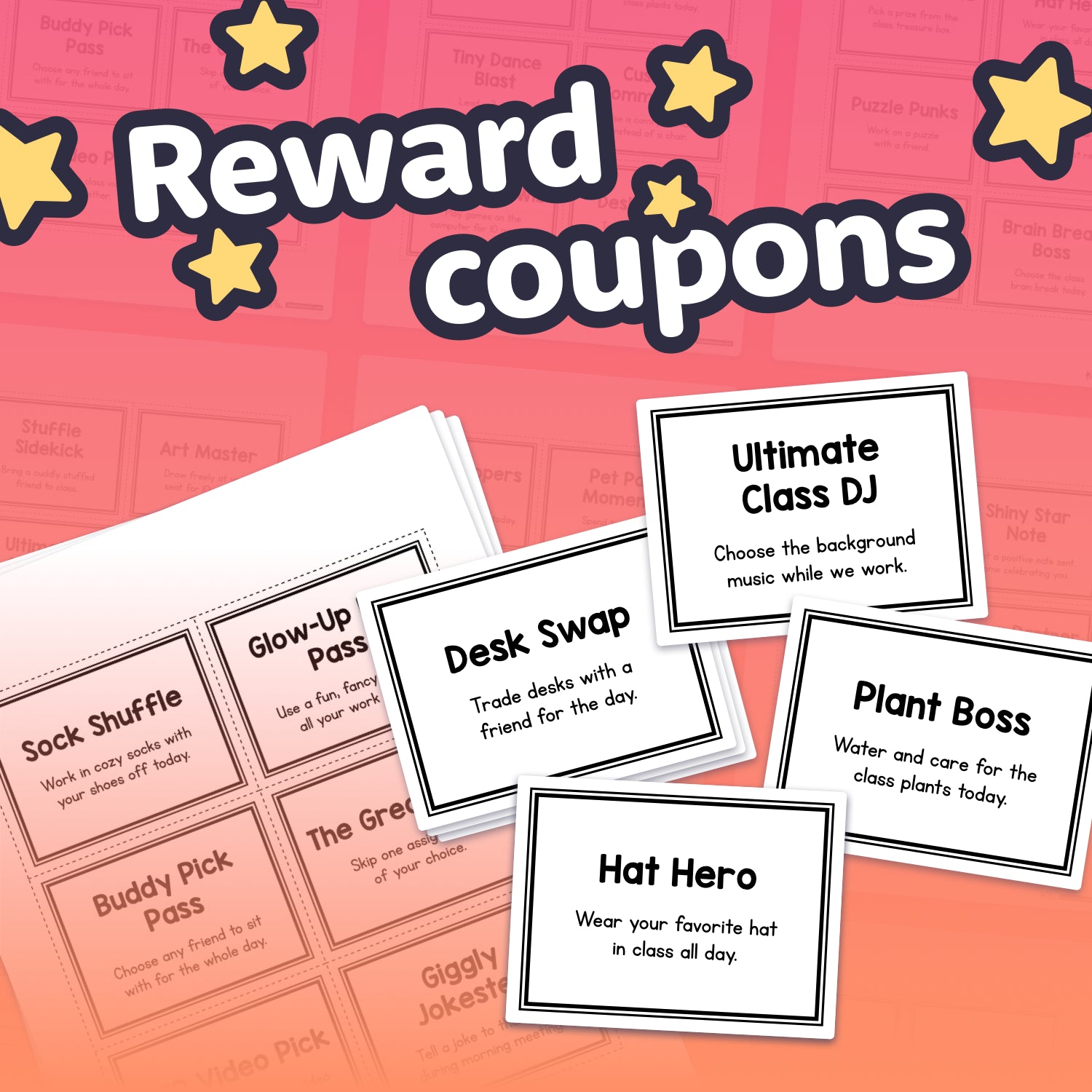 Kindergarten, 1st, and 2nd grade classroom reward coupons for behavior management.