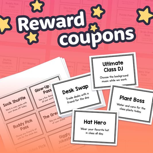 Kindergarten, 1st, and 2nd grade classroom reward coupons for behavior management.