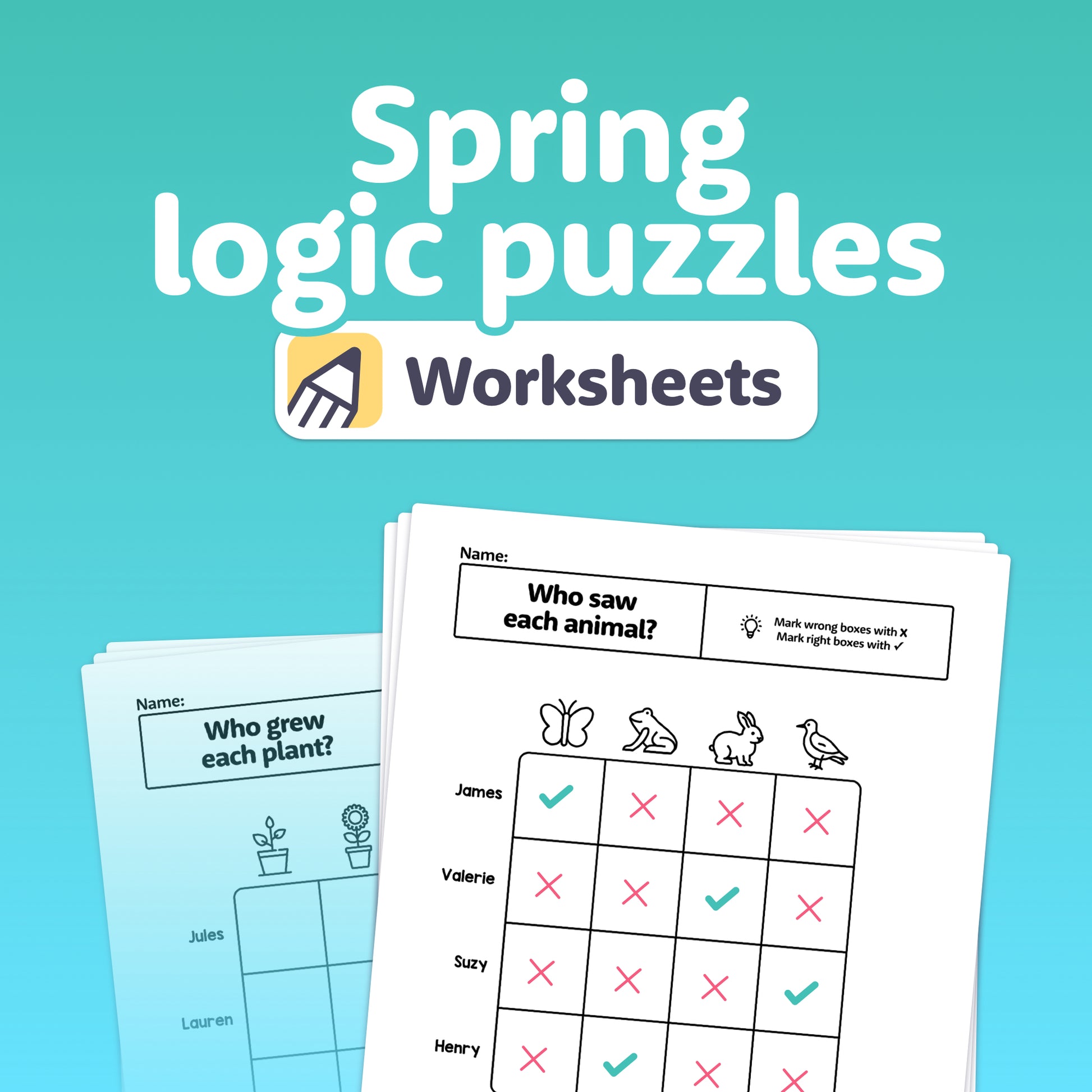 Printable logic puzzle worksheets with spring-themed graphics and text visible.