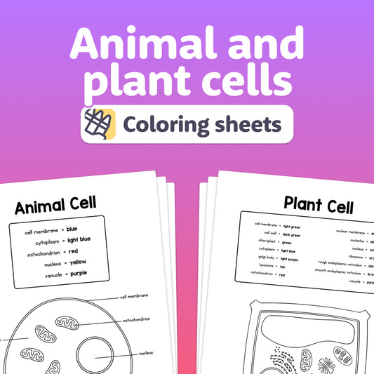 Labeled animal and plant cell diagrams shown as black and white coloring sheets.