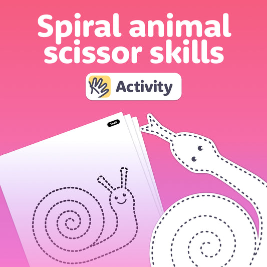 Animal shapes with spiral lines for cutting practice using scissors.