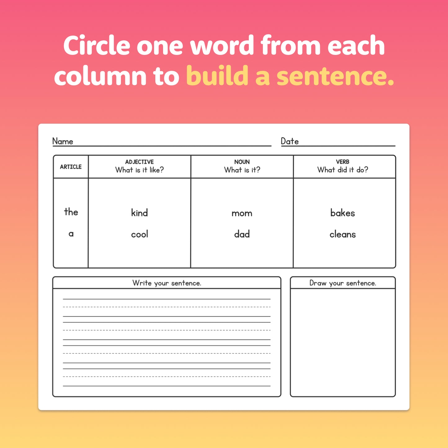 Worksheets with sentences to circle words and draw matching pictures.