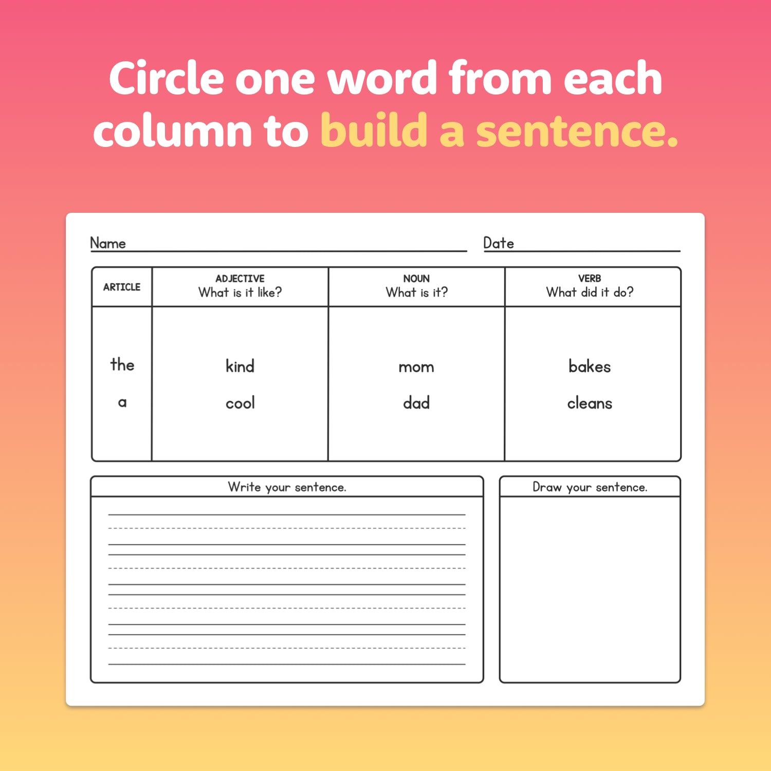 Worksheets with sentences to circle words and draw matching pictures.
