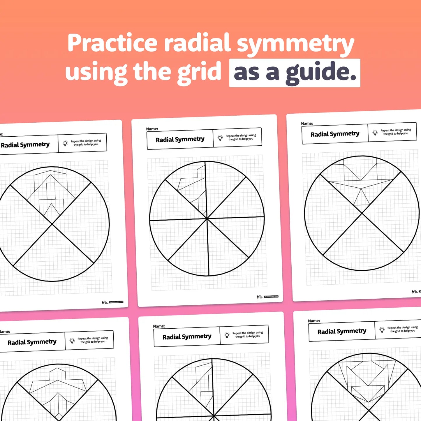 Printable PDF worksheets with radial symmetry activities are displayed.