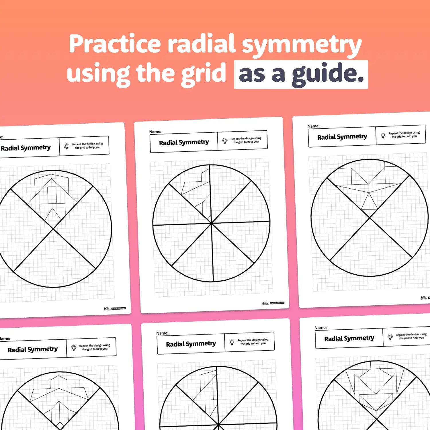 Printable PDF worksheets with radial symmetry activities are displayed.