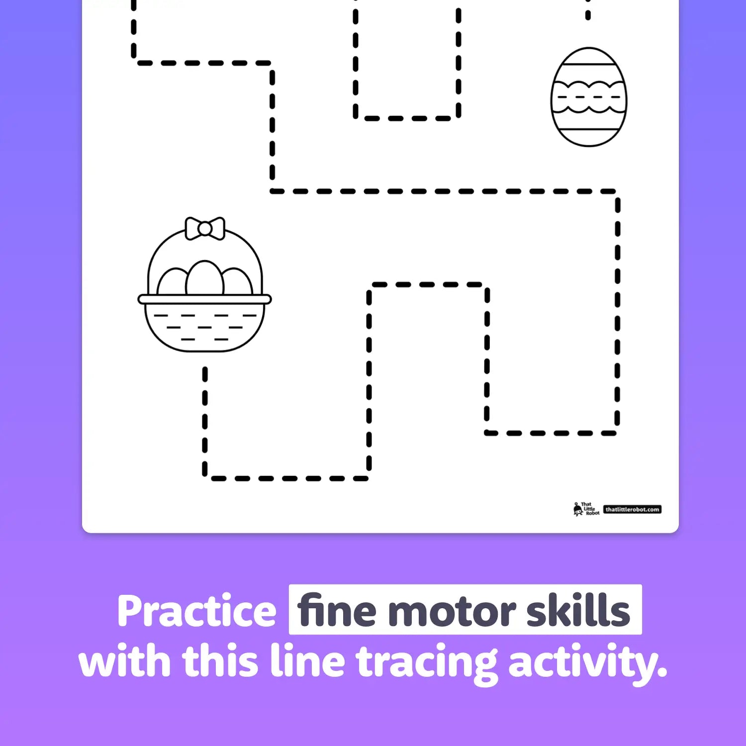 A dashed line forms a path to trace on an Easter-themed worksheet page.