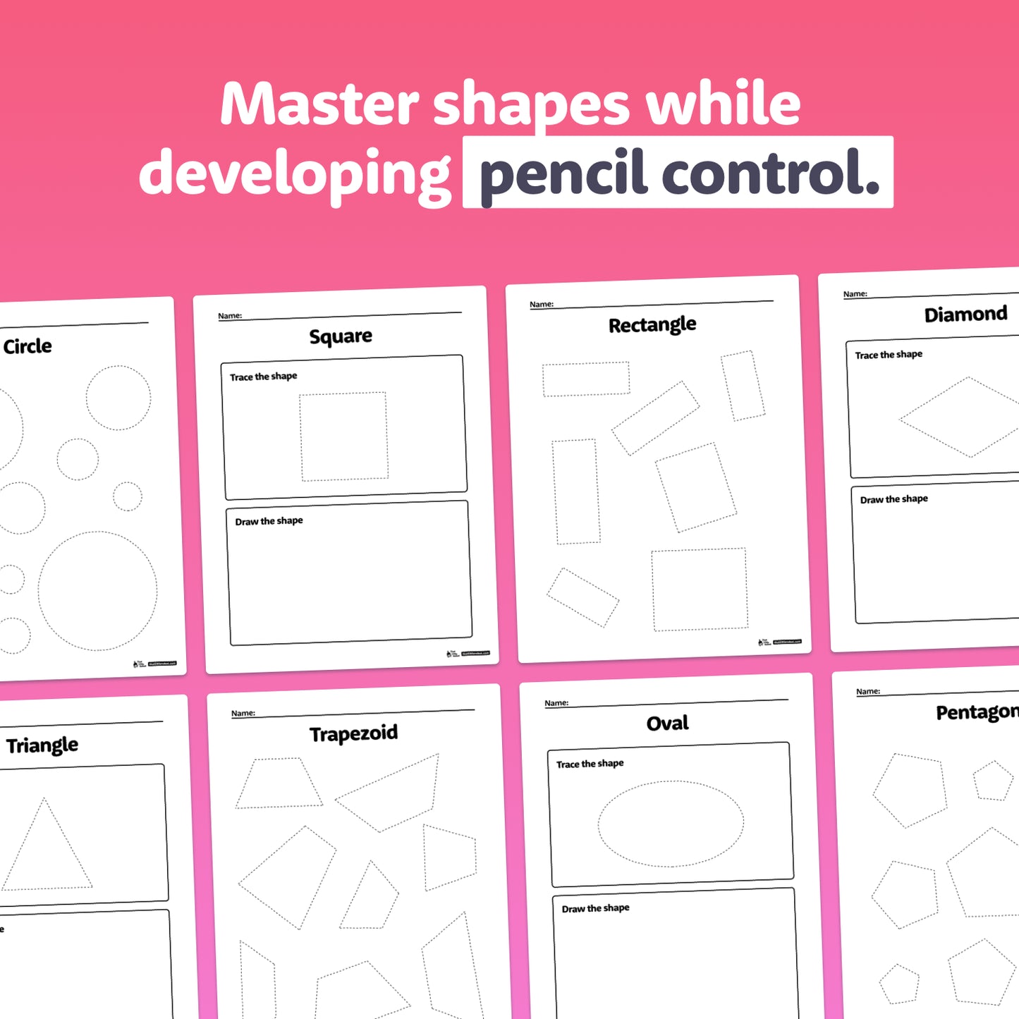Eight worksheet pages for children with tracing shapes and white text.