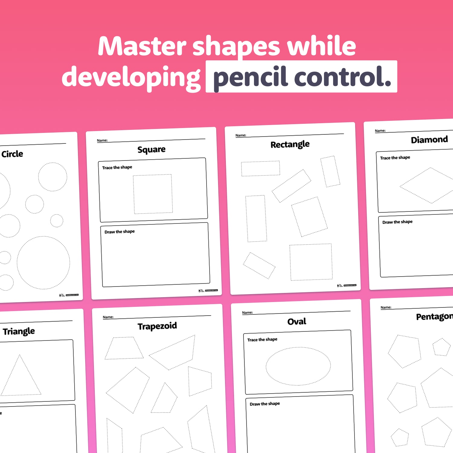 Eight worksheet pages for children with tracing shapes and white text.