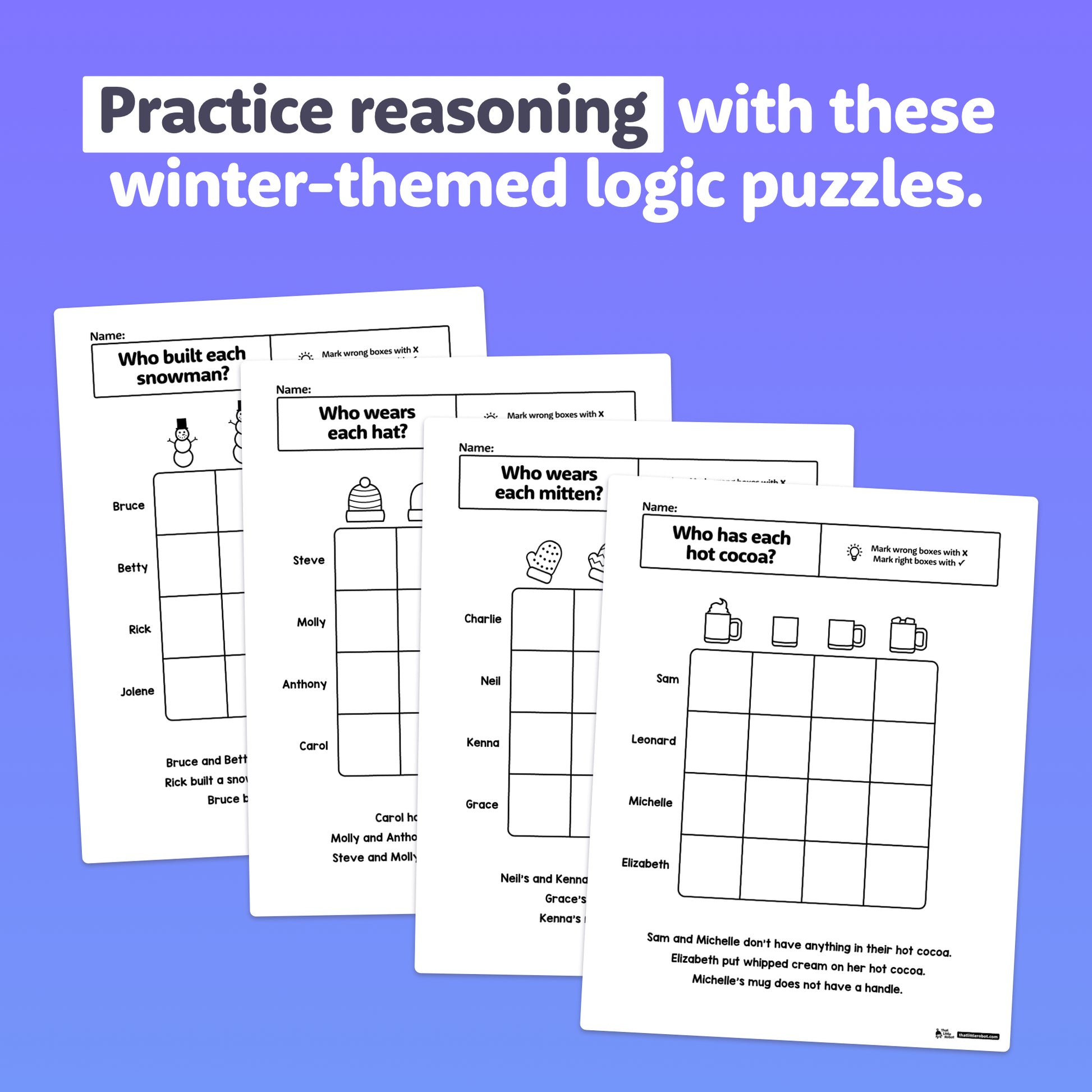 Four winter-themed logic puzzle worksheets are shown.