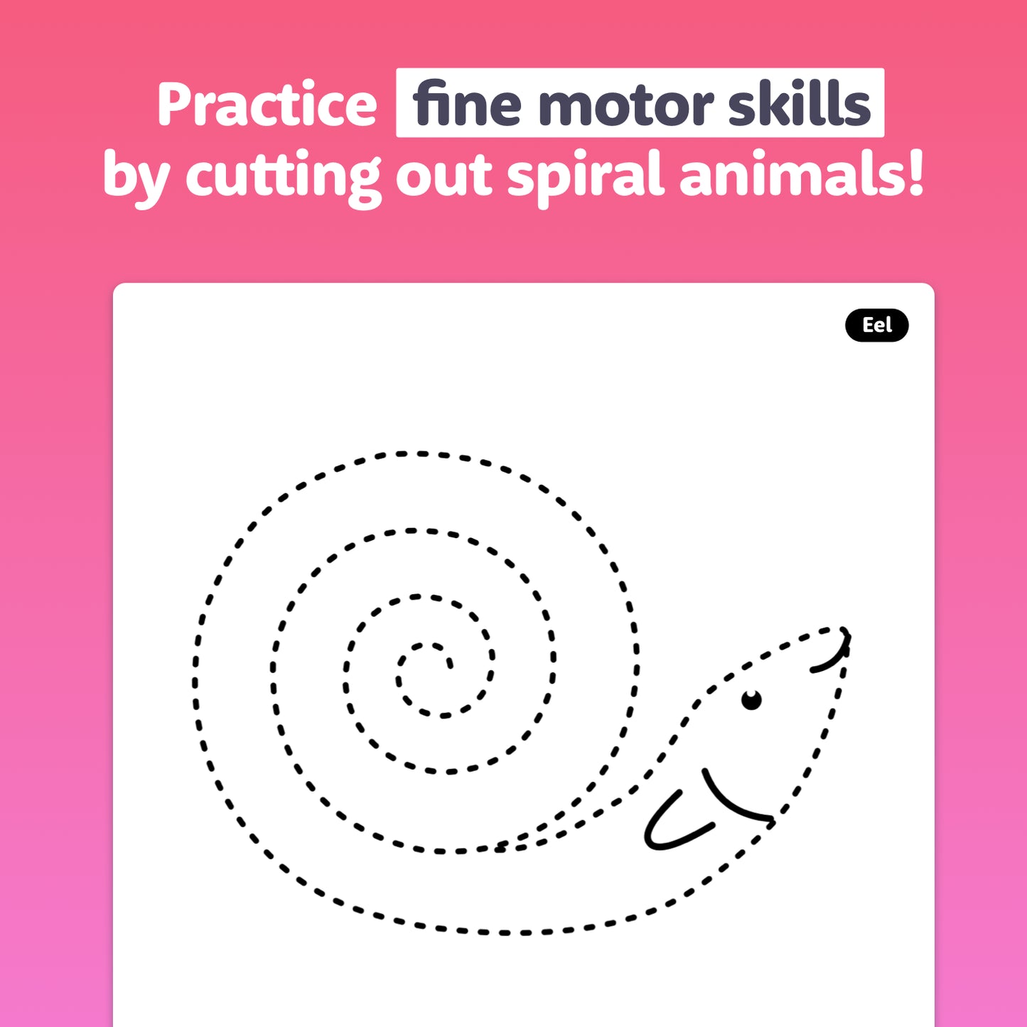 Outline of a spiral-shaped eel designed for scissor cutting practice.