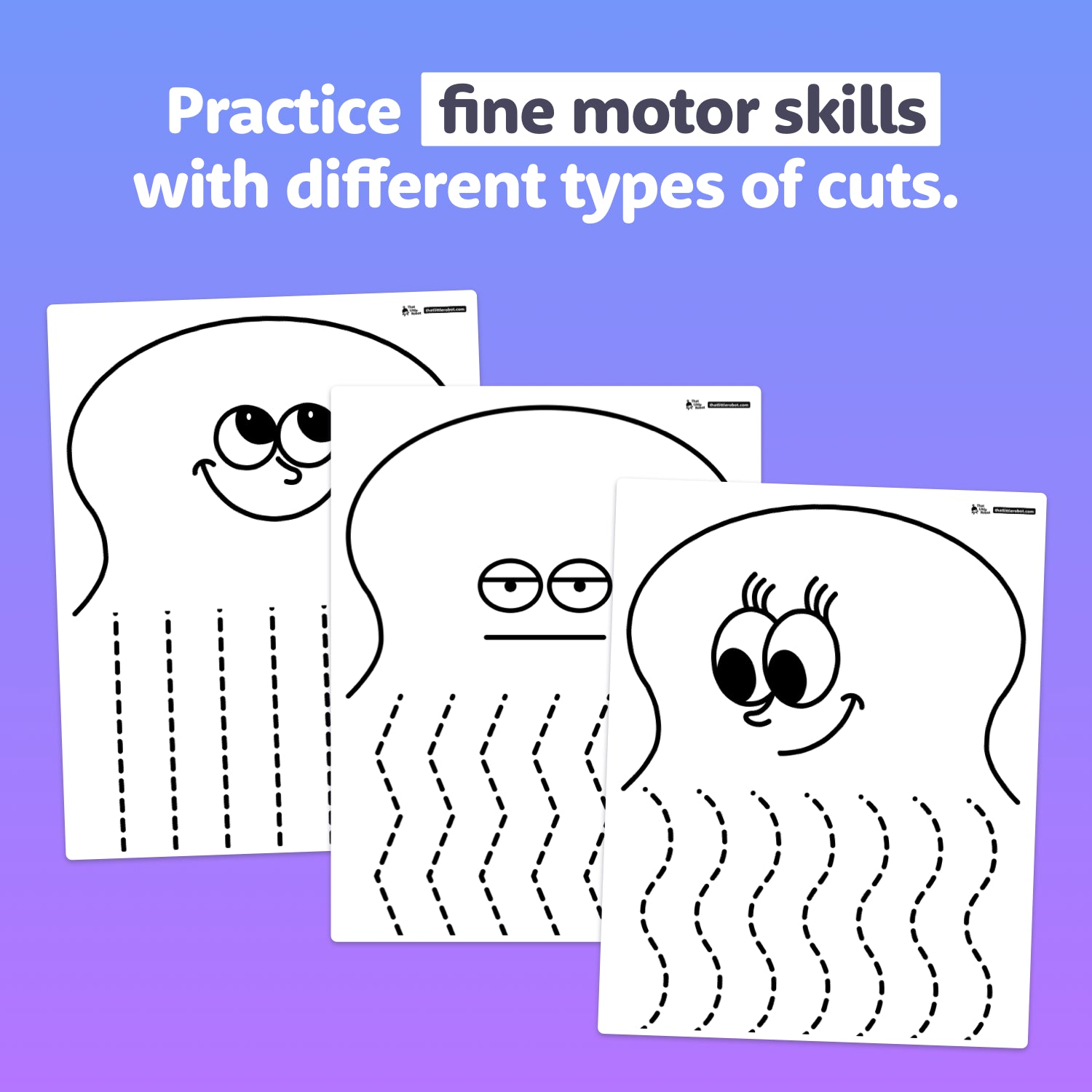 Three worksheets with octopus shapes designed for practicing scissor cutting skills.