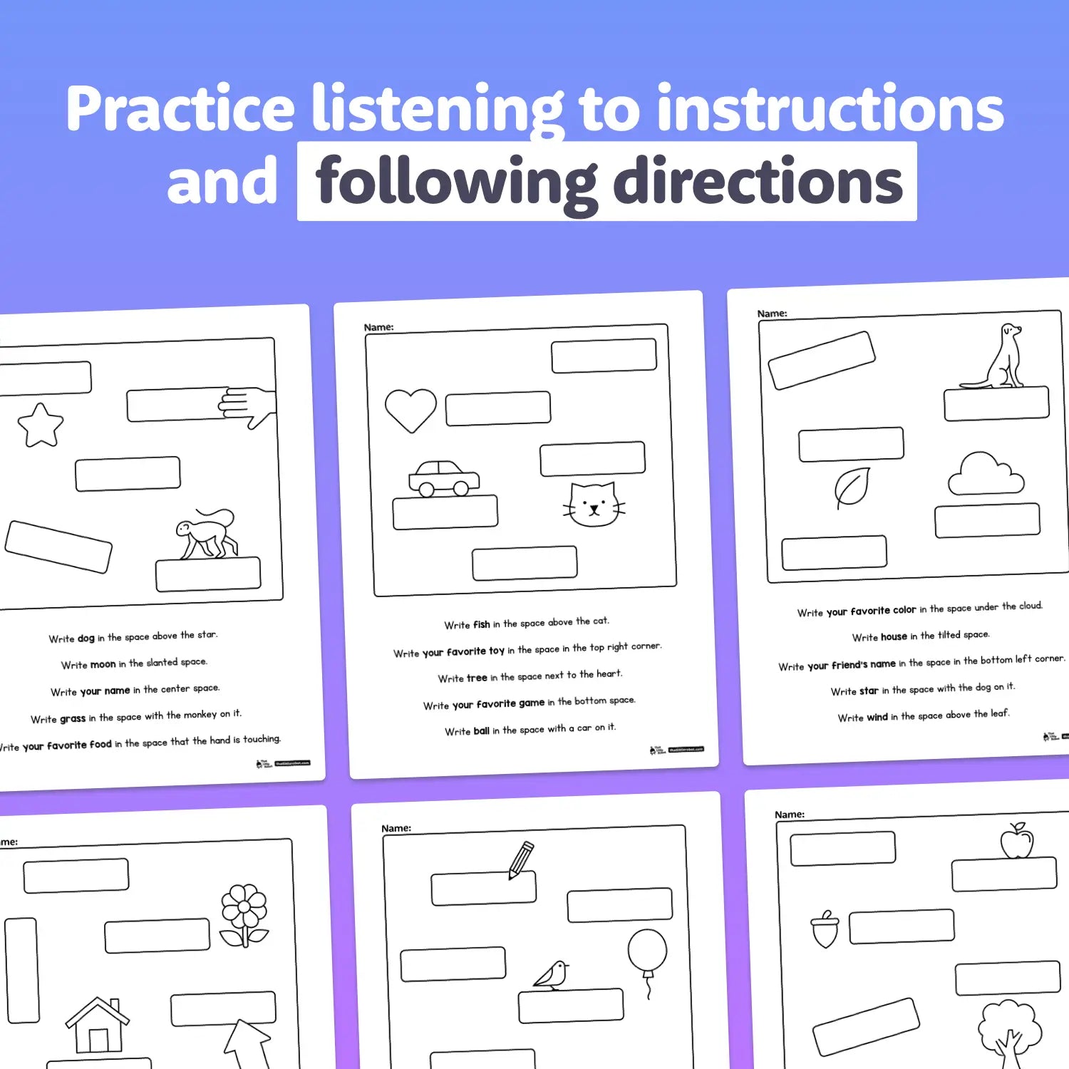 Six printable worksheets focused on listening skills and following directions.
