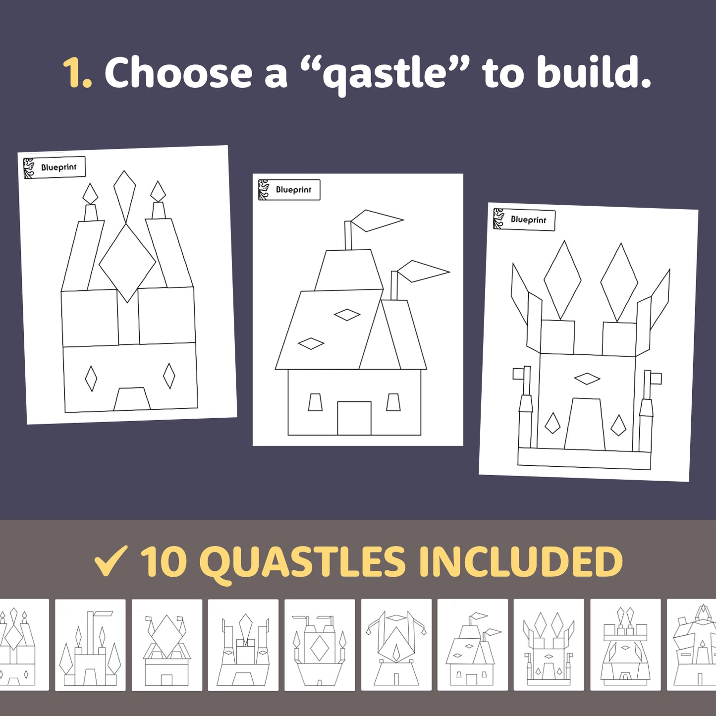 Three printable worksheets show ten quadrilateral shape castle blueprints.