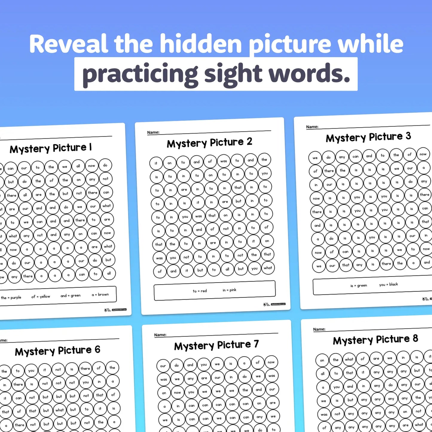 Six printable sight word worksheets are arranged in two rows of three each.