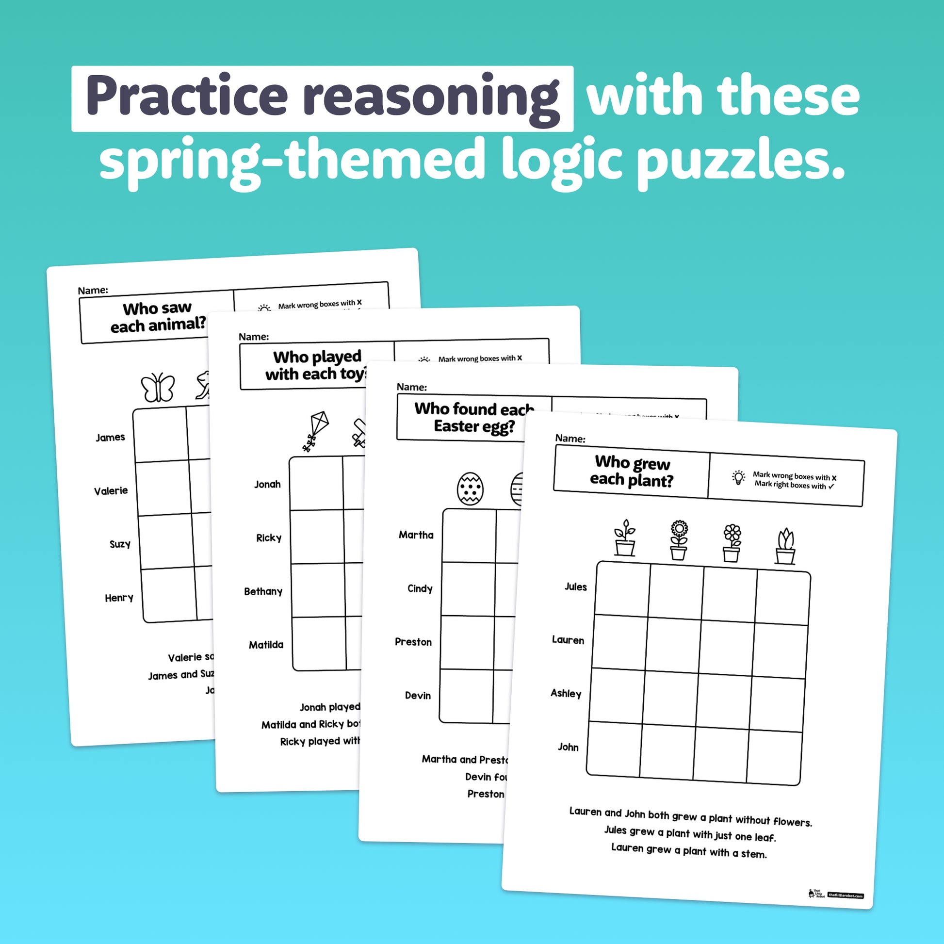 Printed worksheets with spring-themed logic puzzles and illustrations.