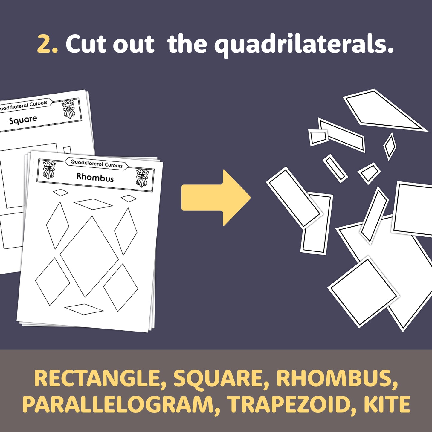 Worksheets with cut-out quadrilaterals and labels for each shape.