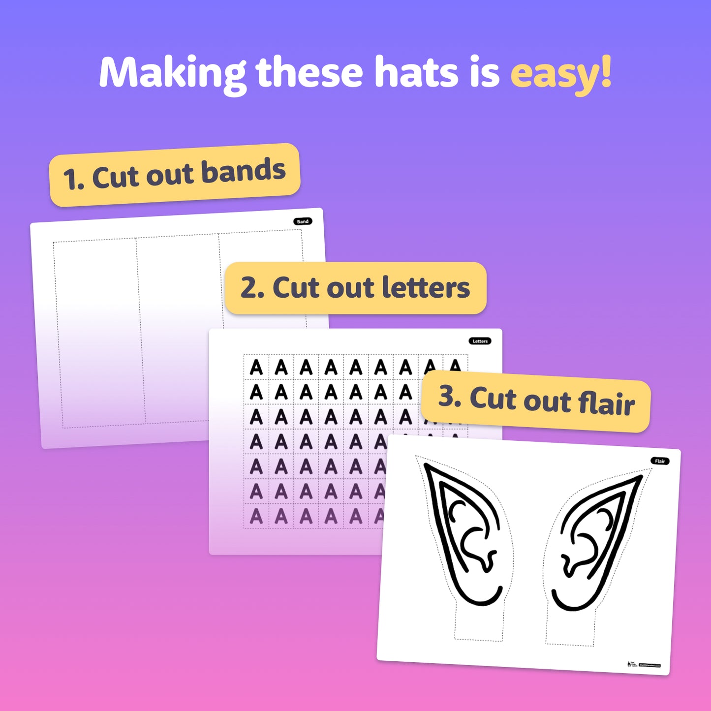 Worksheets showing cut-out bands, letter shapes, and decorative flair pieces.