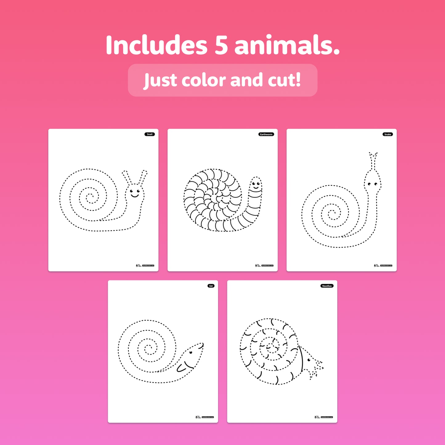Printable animal-themed scissor skills worksheets with spiral cutting lines.
