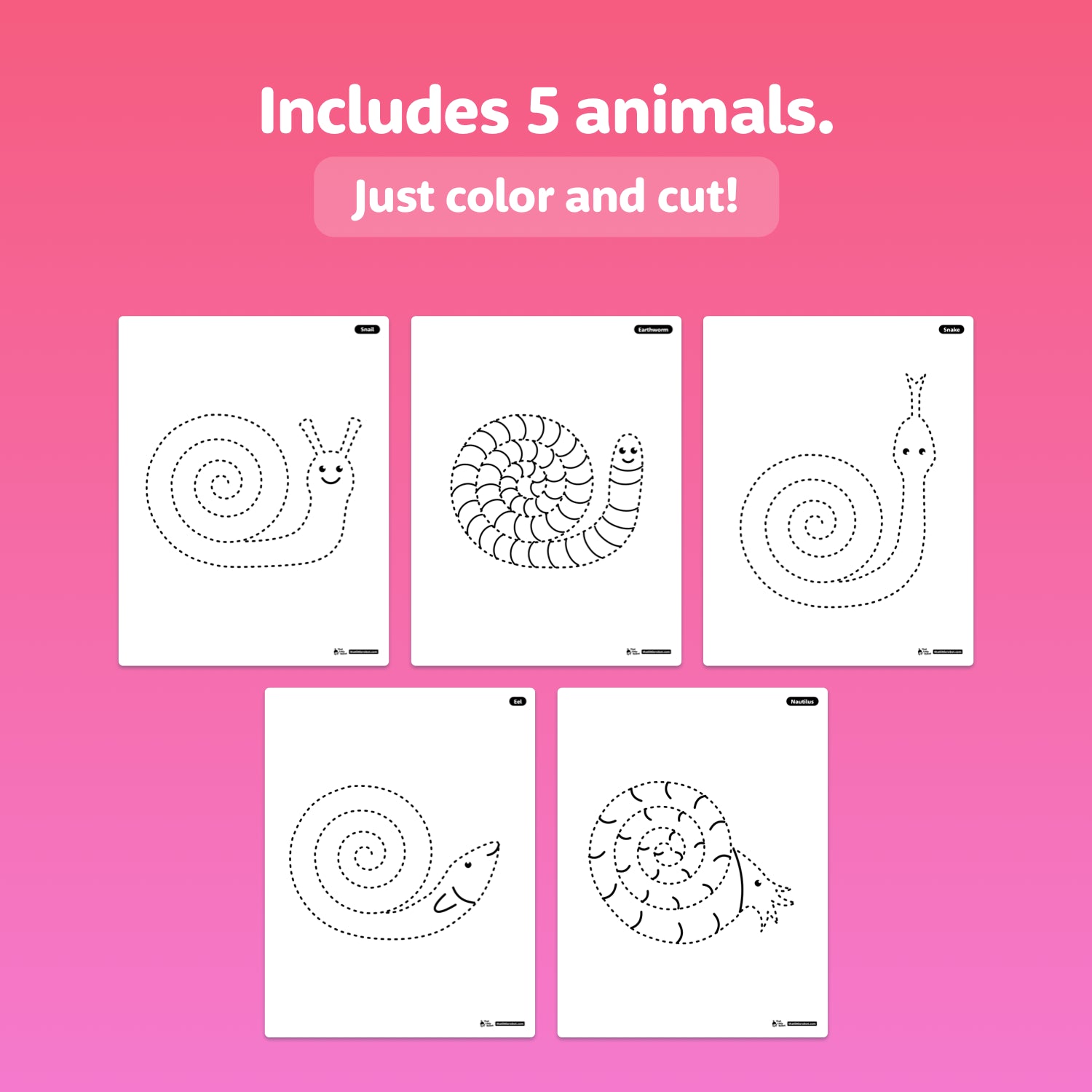 Printable animal-themed scissor skills worksheets with spiral cutting lines.
