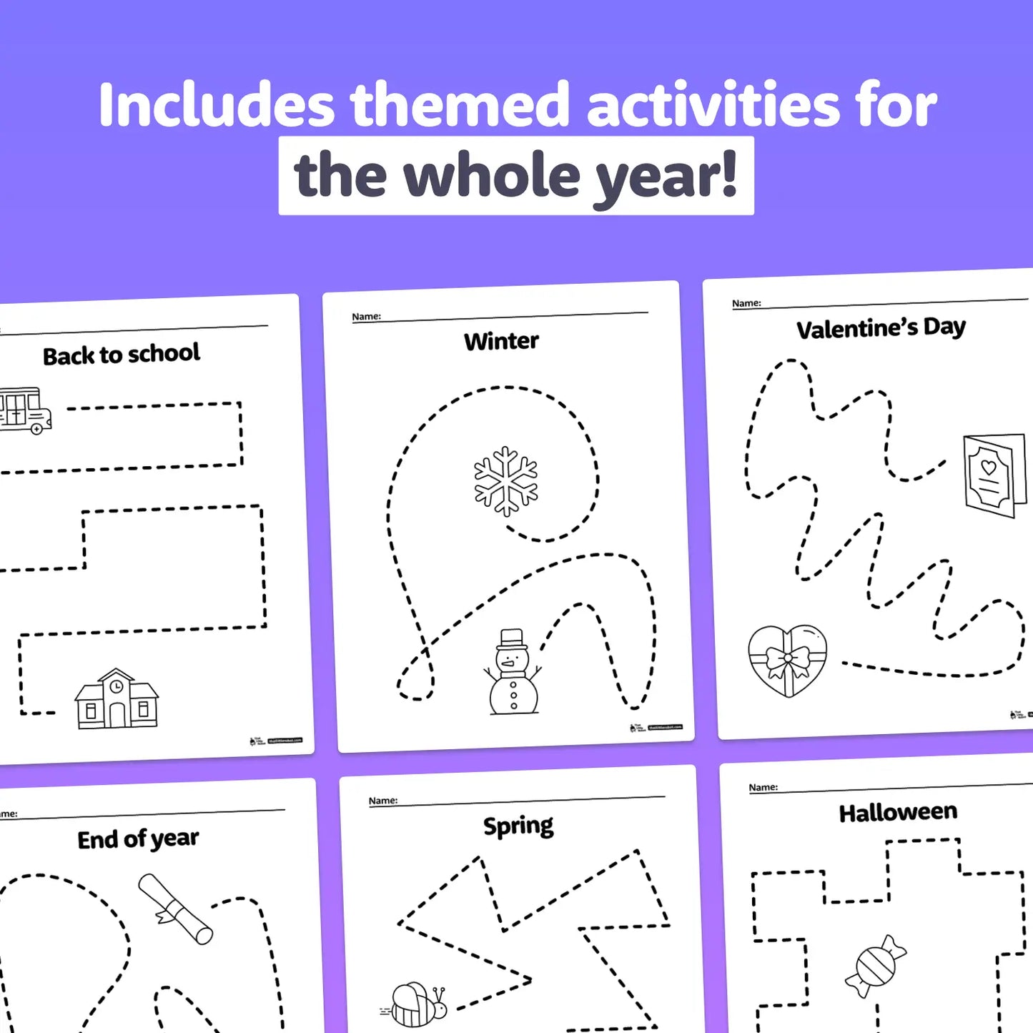 Six activity sheets with tracing lines and seasonal-themed illustrations.