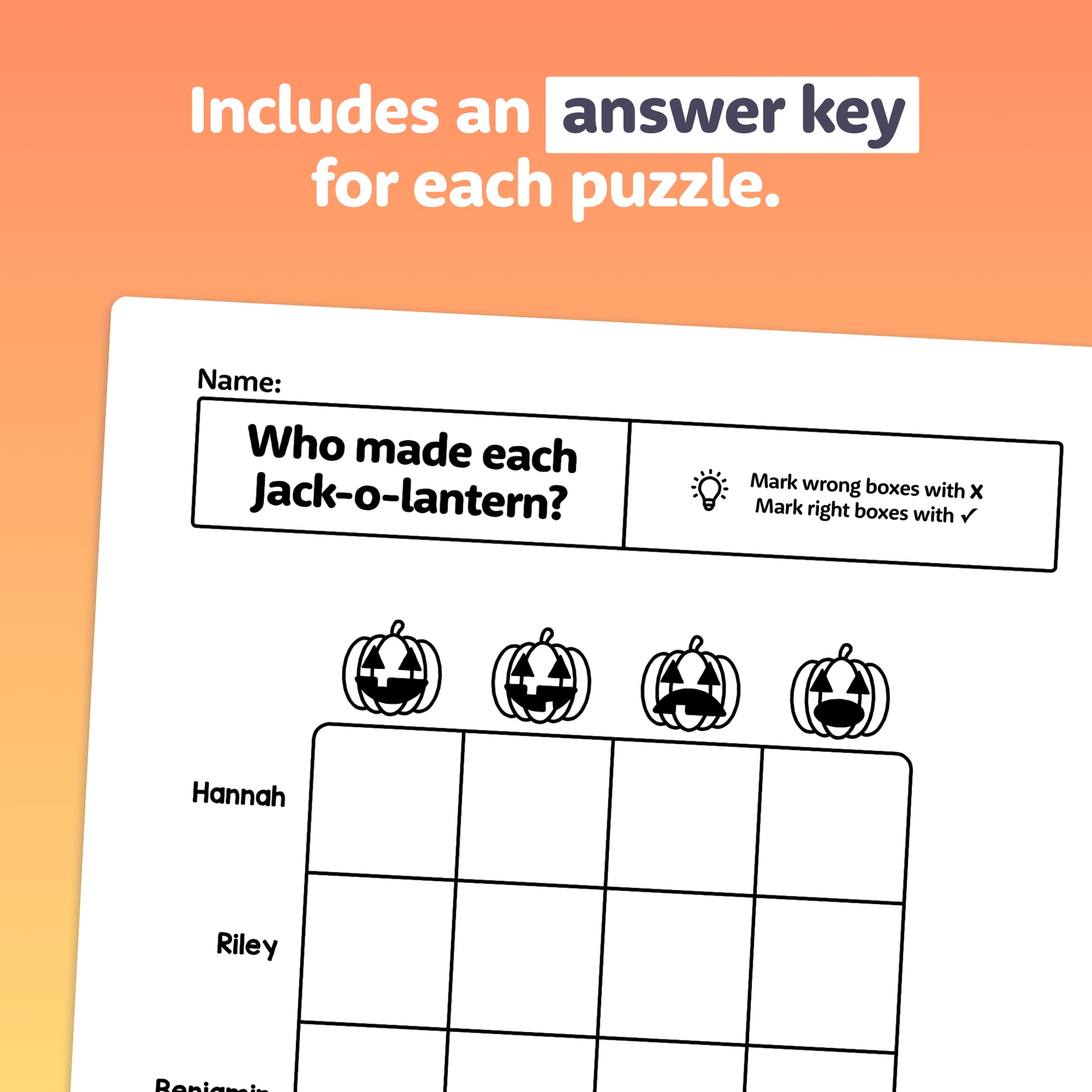 Worksheet with Jack-o-lanterns and clues to match each to its creator.
