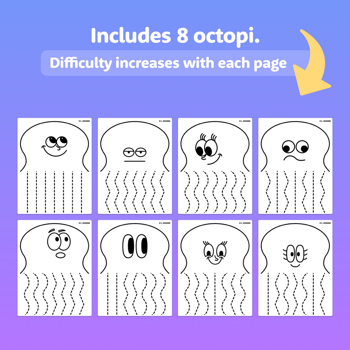 Eight worksheets show octopus faces with wavy lines for cutting practice.