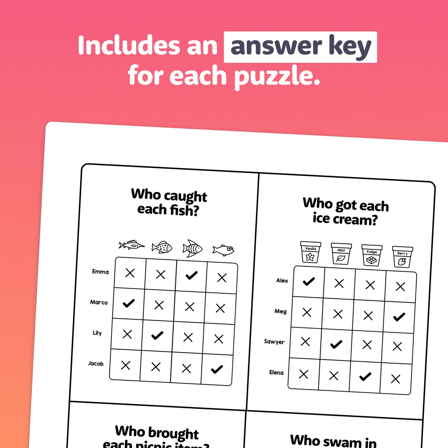 Answer key showing names and symbols for each logic puzzle.