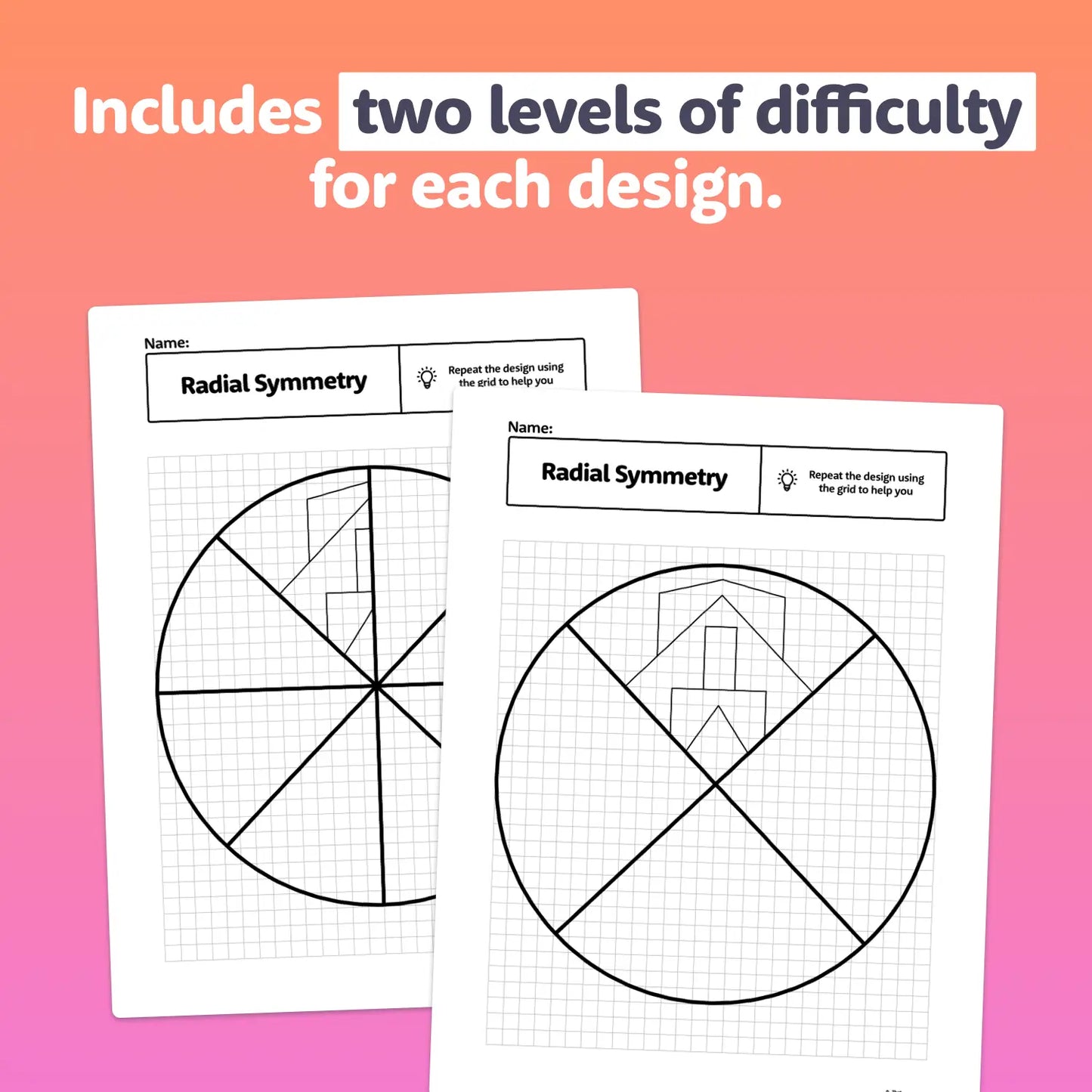 Two worksheets showing radial symmetry activities at two levels of difficulty.