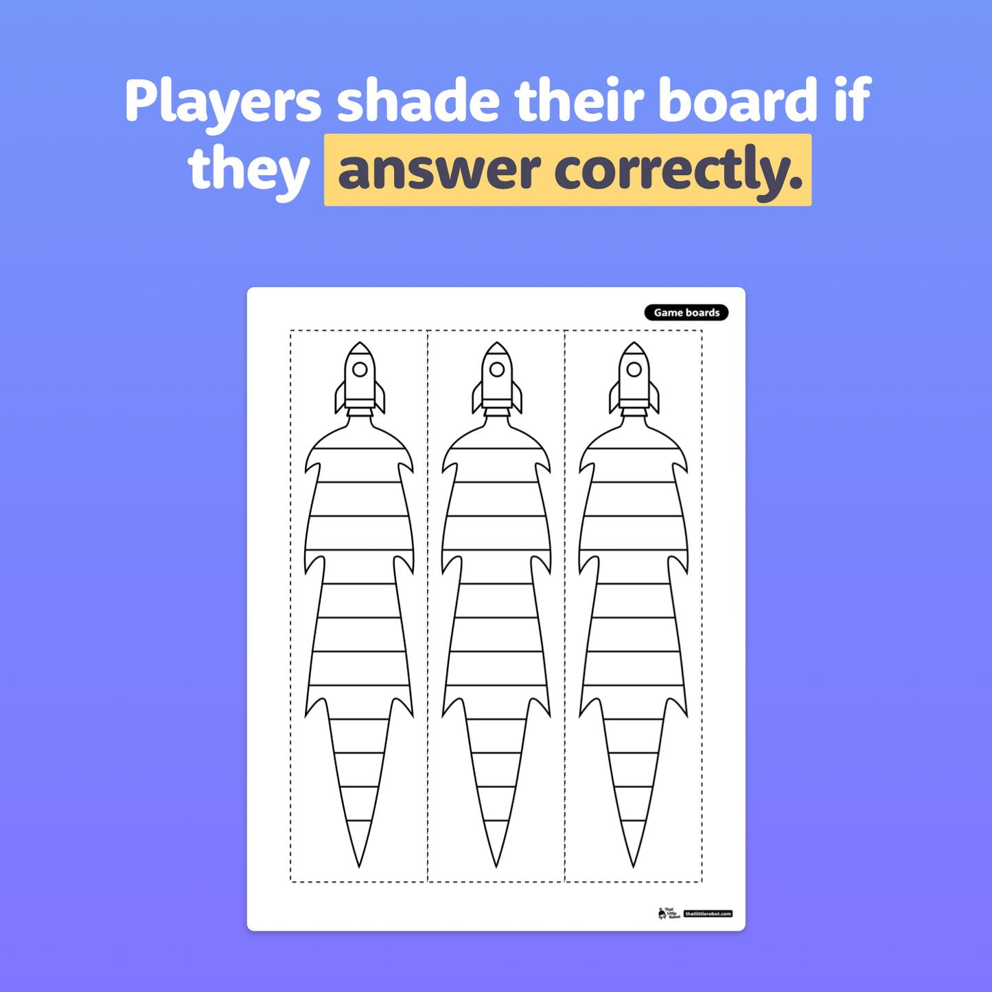 Three rocket-shaped game boards and a set of printed instructions are shown.