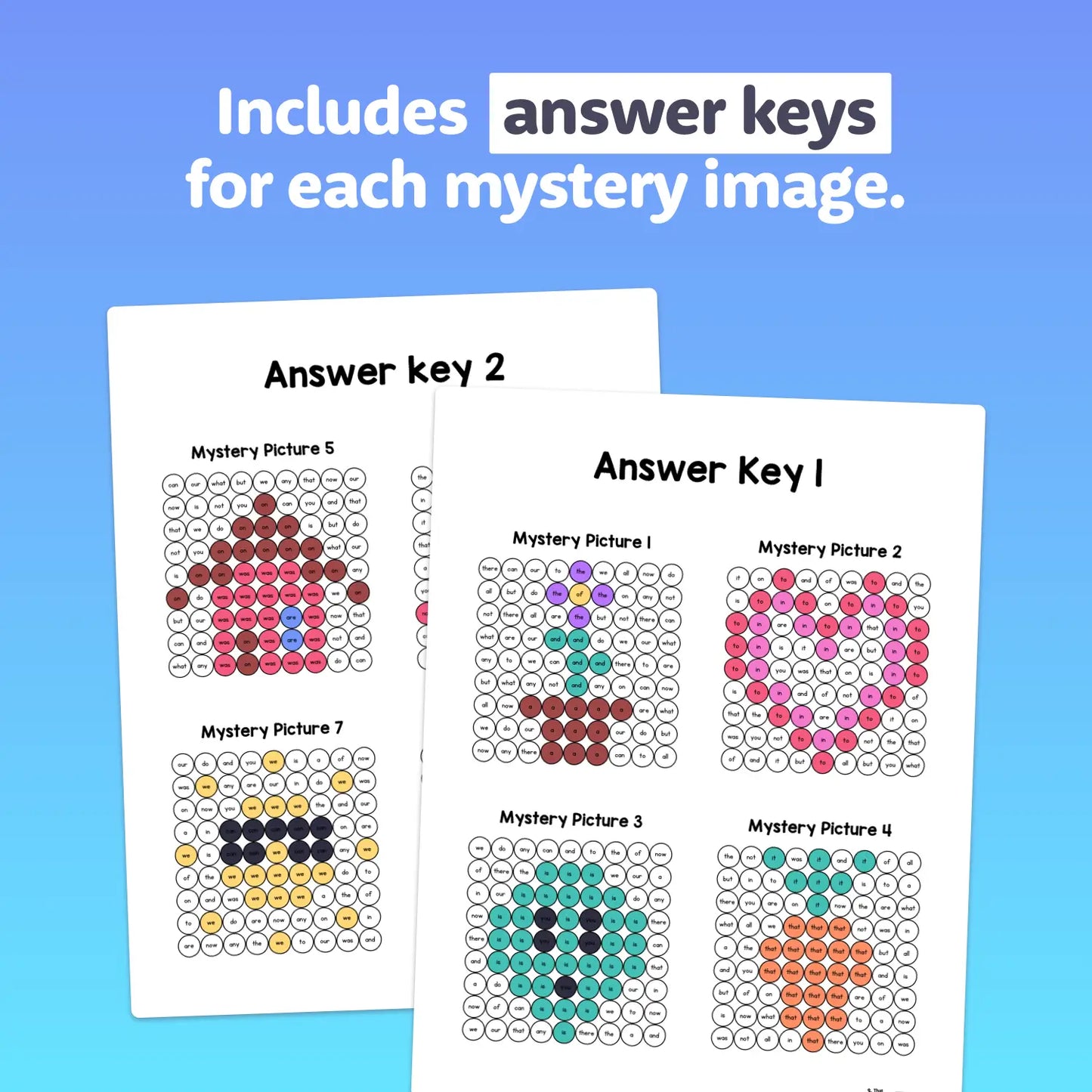 Two printable worksheet answer keys displaying completed word activities.