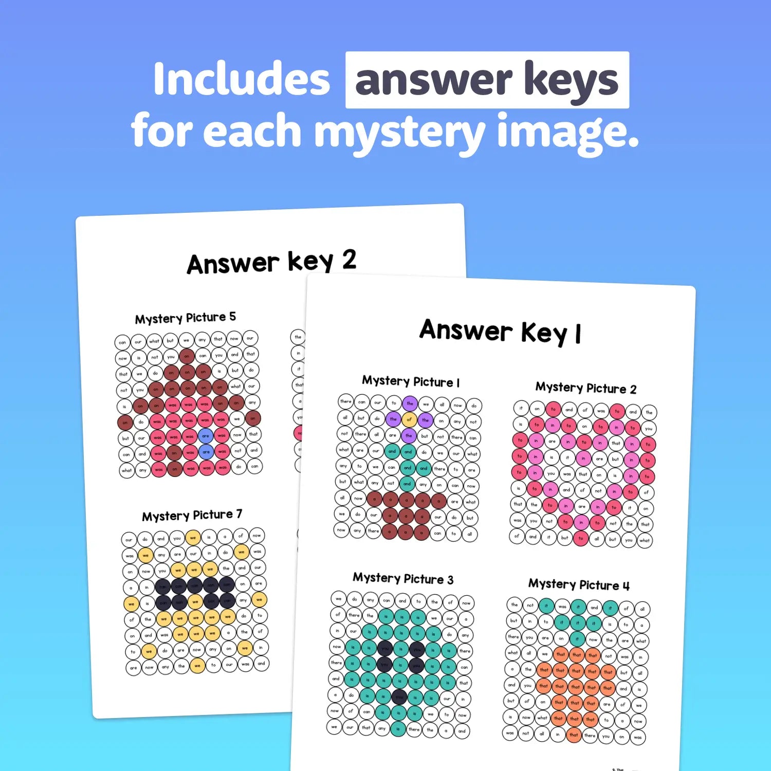 Two printable worksheet answer keys displaying completed word activities.