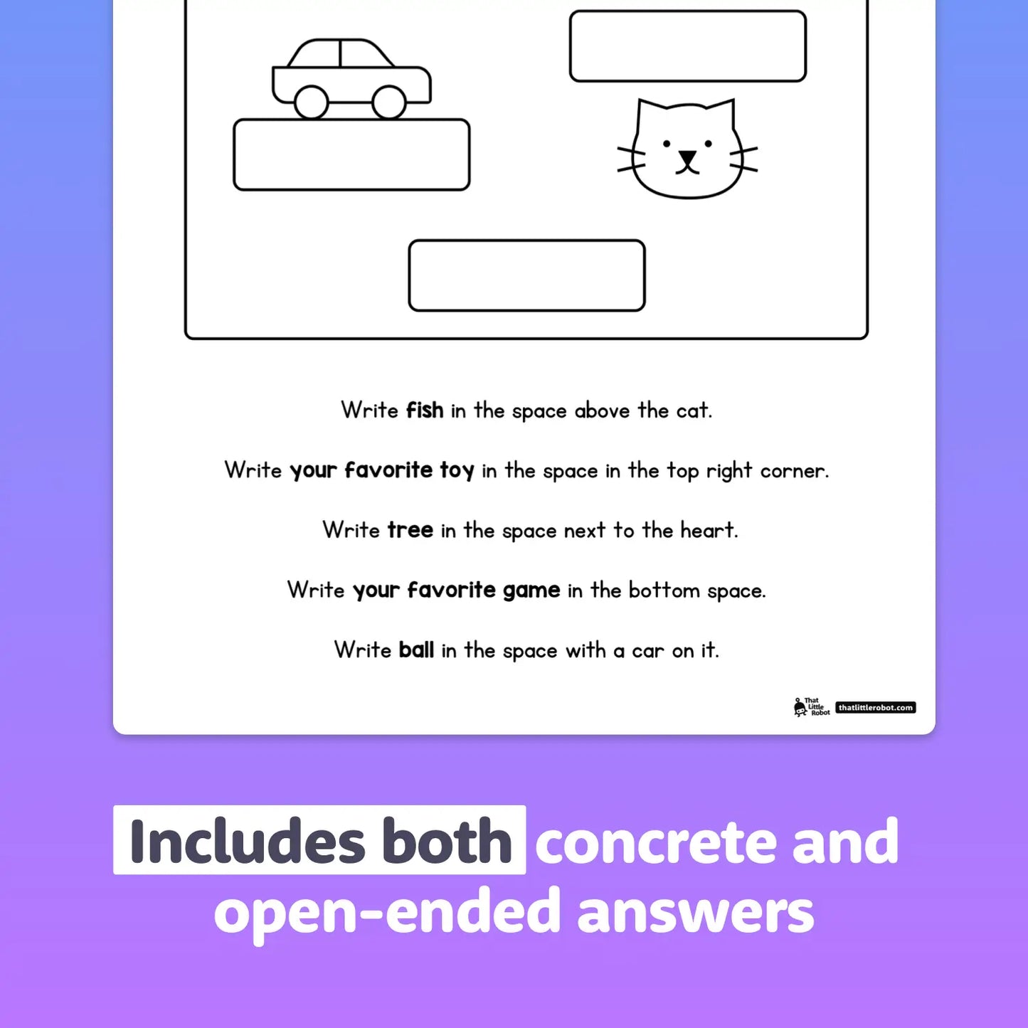 Worksheet with a car, cat, blanks, and instructions to fill in words.