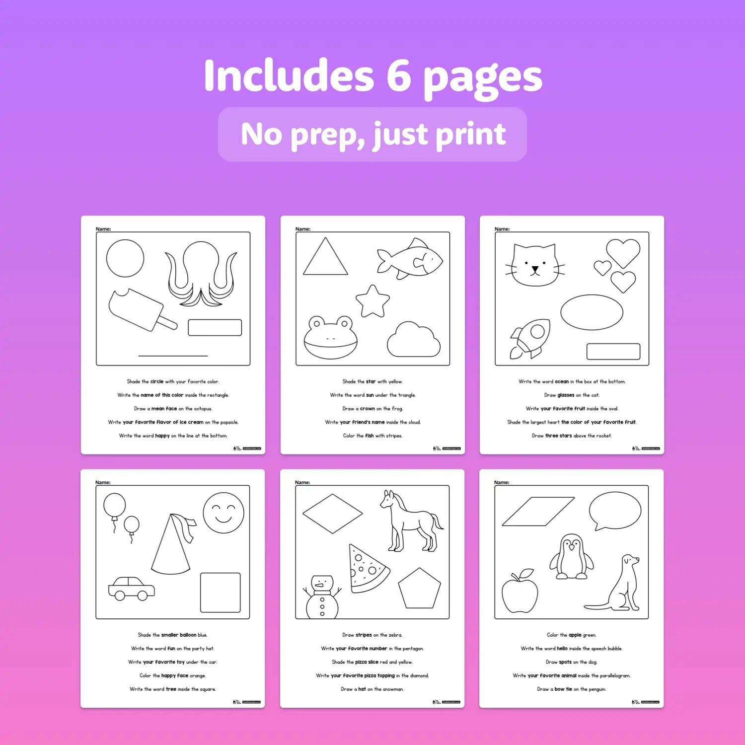 Six worksheets showing simple shapes and animals for following directions.