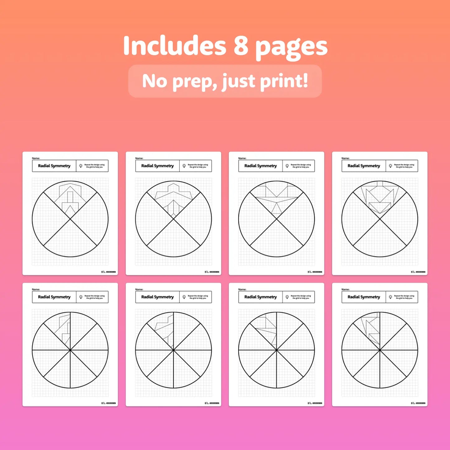 Eight printable worksheets with radial symmetry designs displayed in a grid.