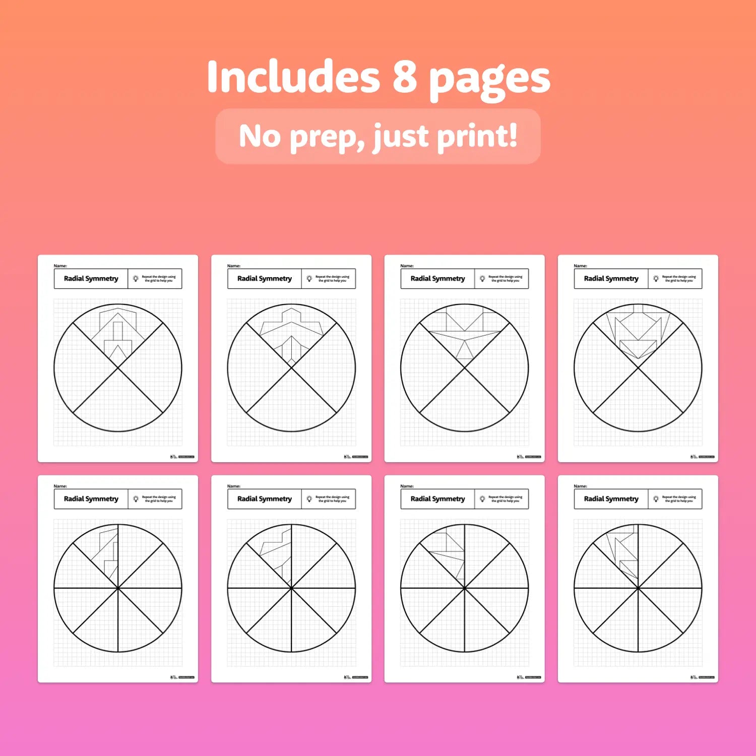 Eight printable worksheets with radial symmetry designs displayed in a grid.