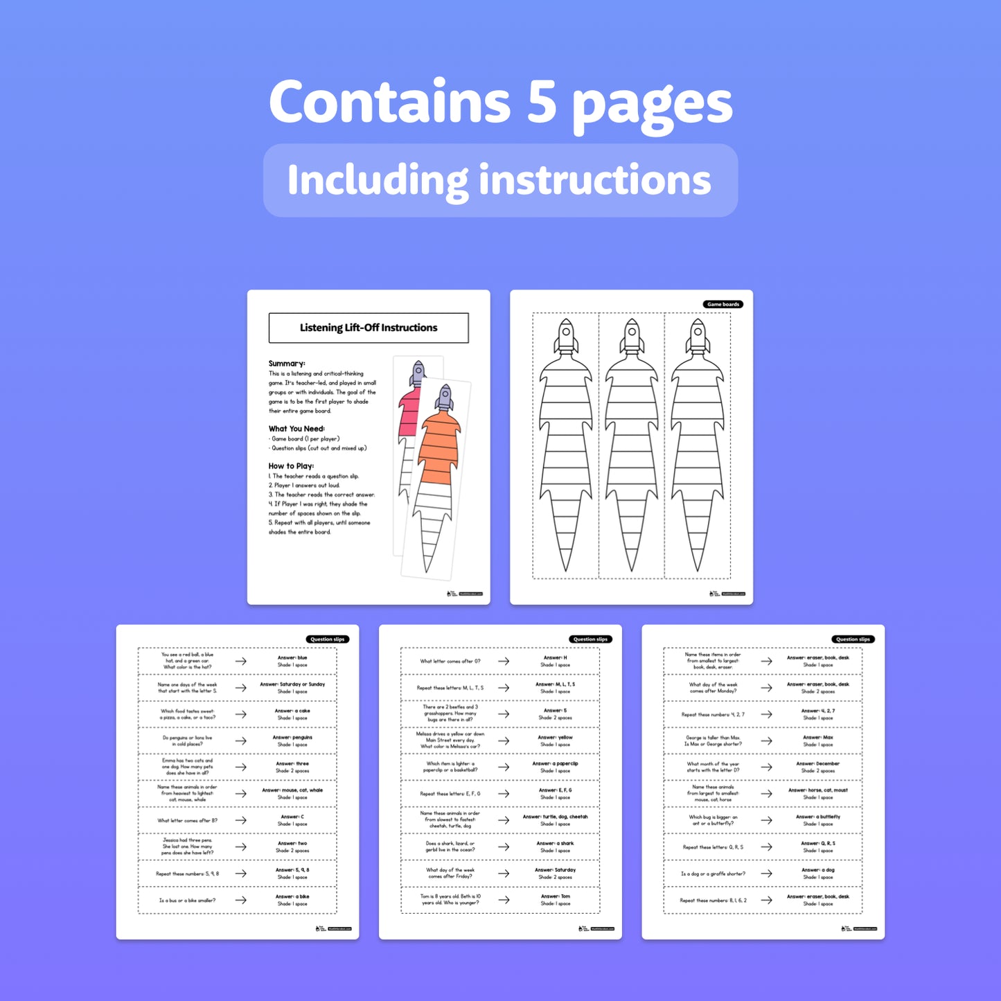 Five worksheet pages and an instructions sheet displayed in a preview layout.