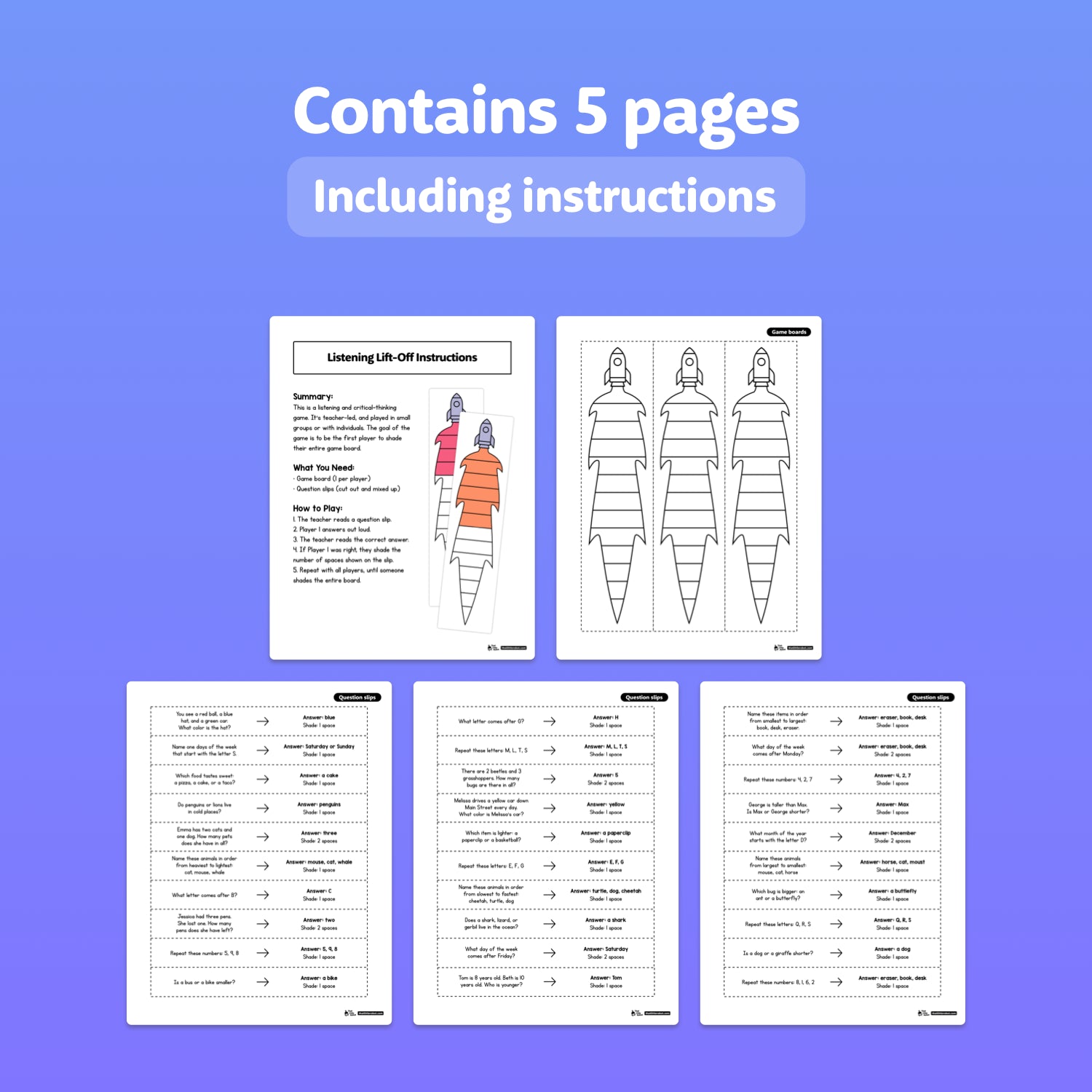 Five worksheet pages and an instructions sheet displayed in a preview layout.