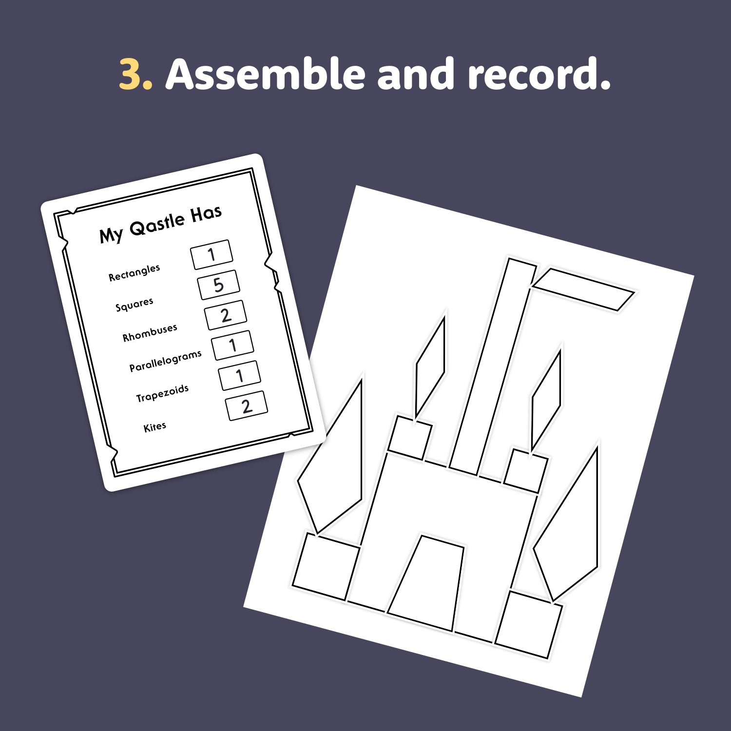 Castle outline with a checklist of different quadrilateral shapes.