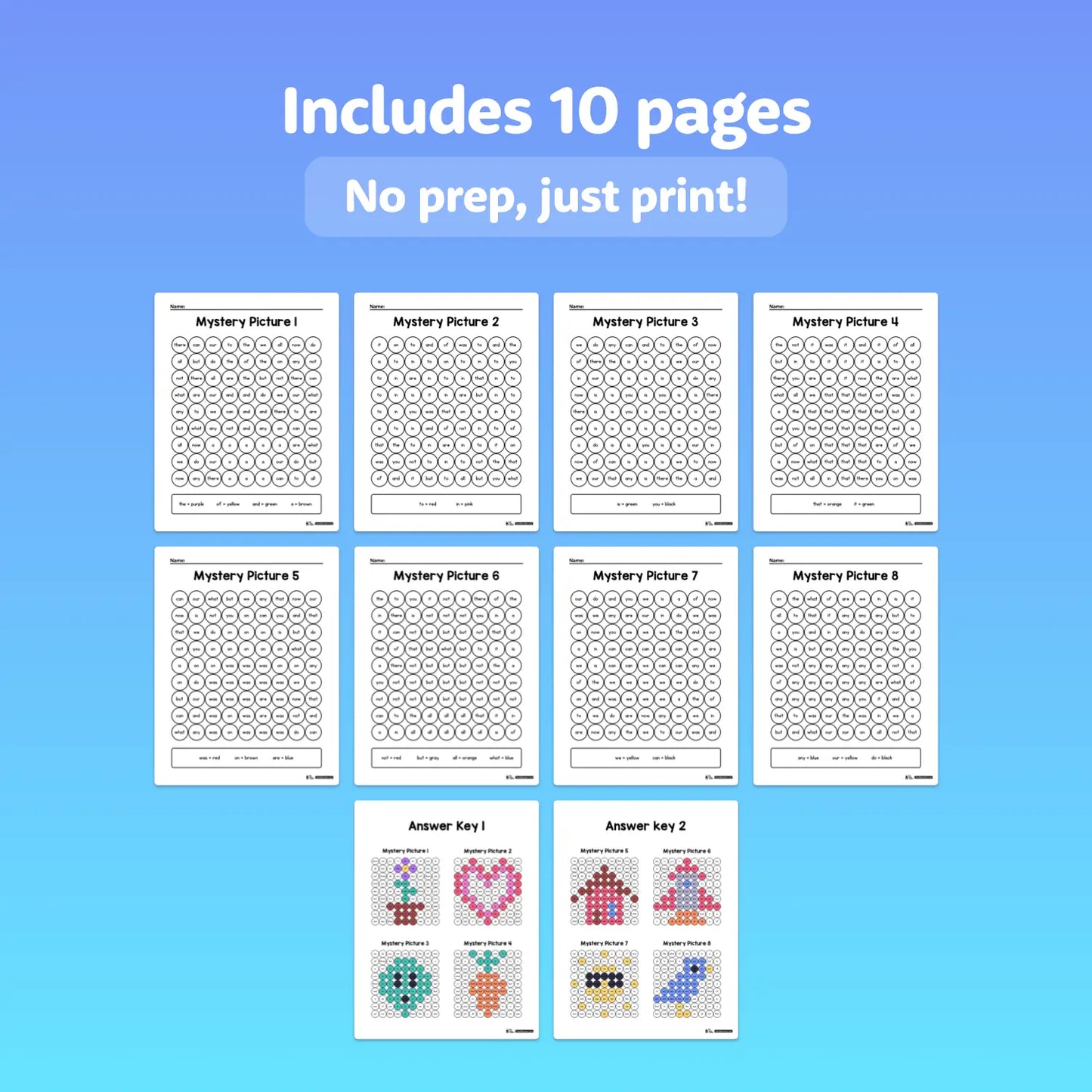 Ten worksheets and two color keys arranged in a printable PDF format.