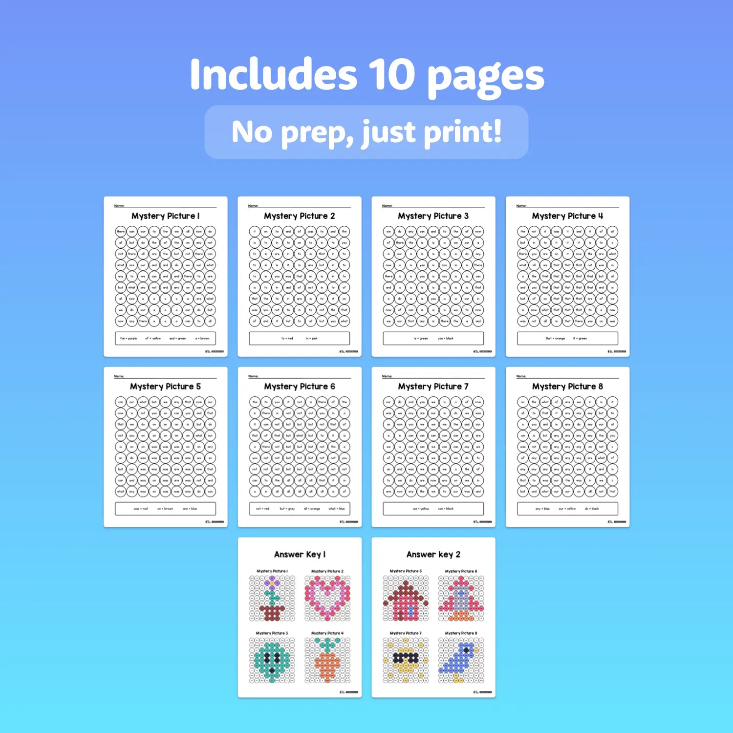 Ten worksheets and two color keys arranged in a printable PDF format.