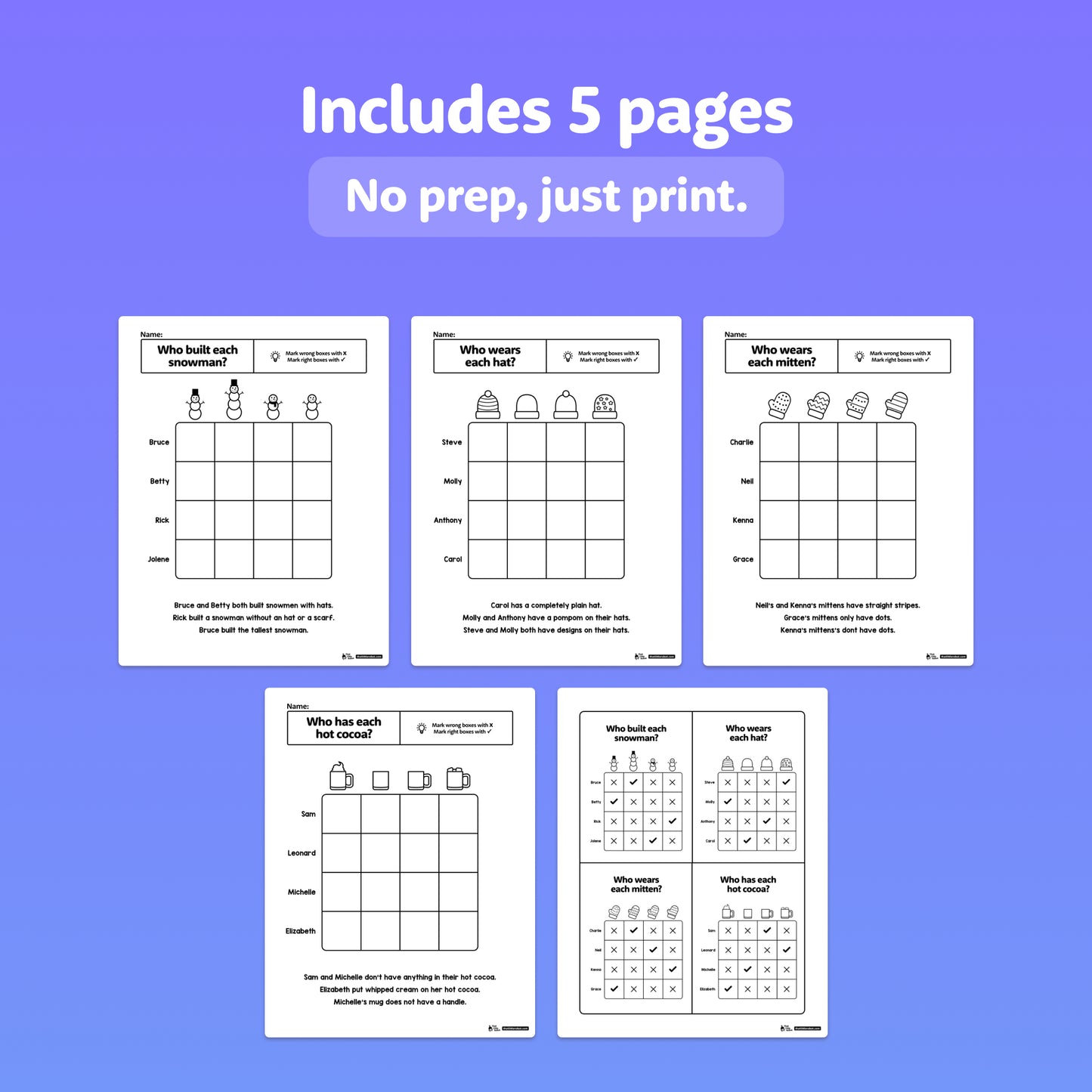 Printable pages with winter-themed logic puzzles for children are displayed.
