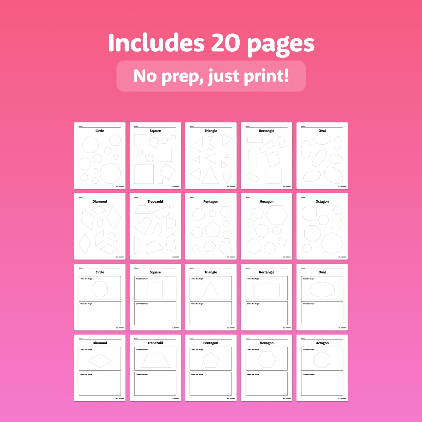 Twenty worksheets display various traceable geometric shapes in preview format.