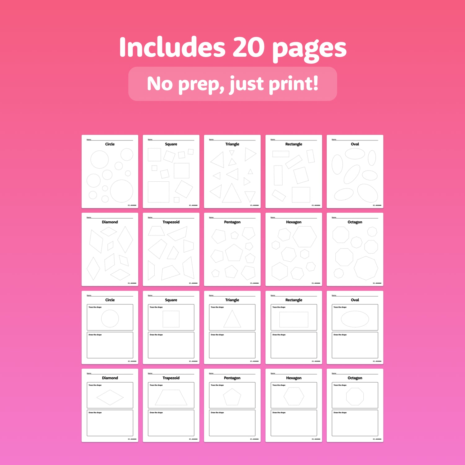Twenty worksheets display various traceable geometric shapes in preview format.
